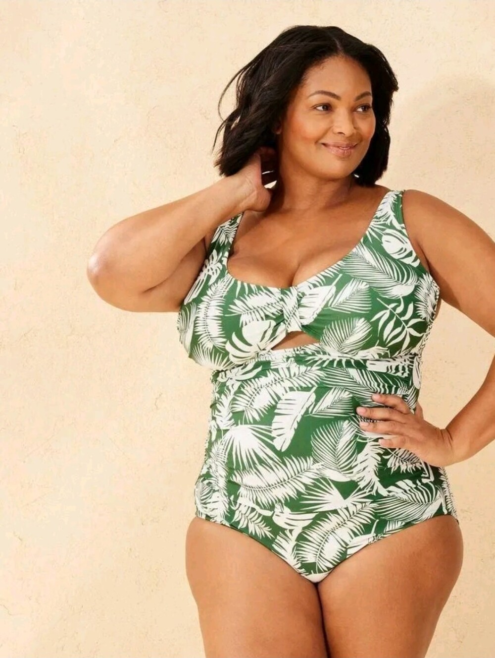 Green Palm-Print Twist Front One-Piece Swimsuit